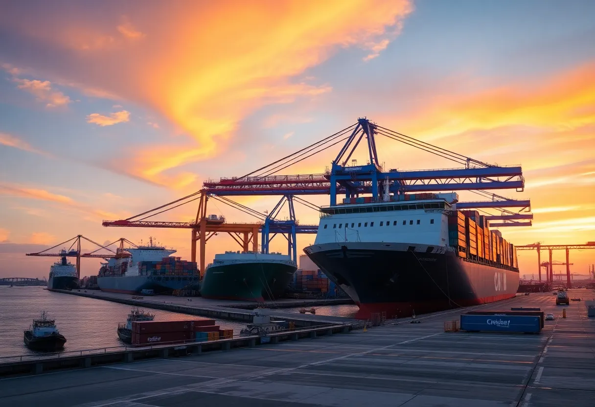View of the new port facility in Mobile, Alabama with ships and modern infrastructure.