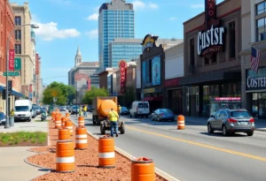 Construction on Music Row in Nashville, showcasing road improvements and green spaces.