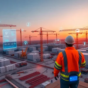 Gulf construction site with cranes and digital sensor data overlays representing real-time workforce tracking