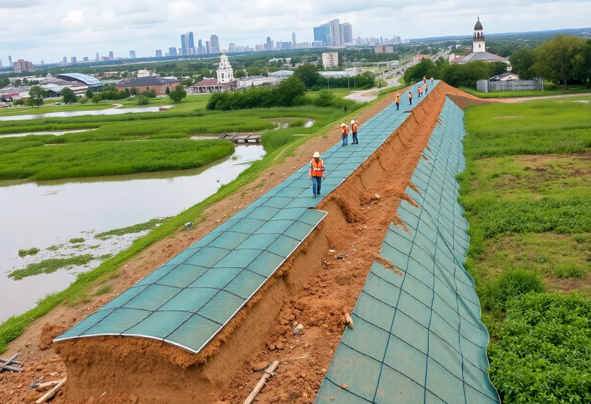 Workers constructing flood control levee in New Orleans