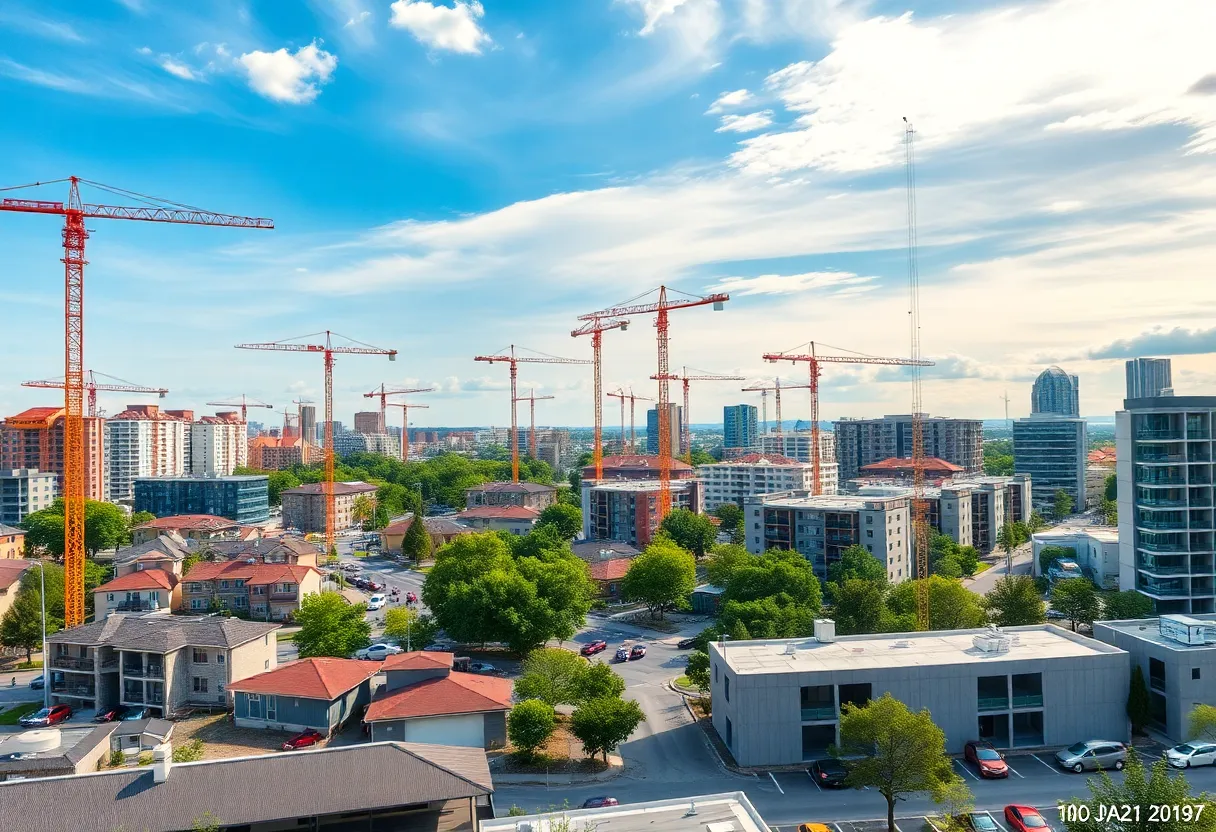 Construction projects in a north metro area with cranes and new buildings.