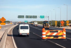 Road construction in Northwest Wisconsin with lane closures and heavy traffic.