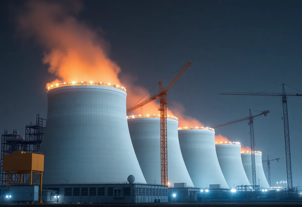 Modern nuclear reactors under construction with cranes and clean energy elements.