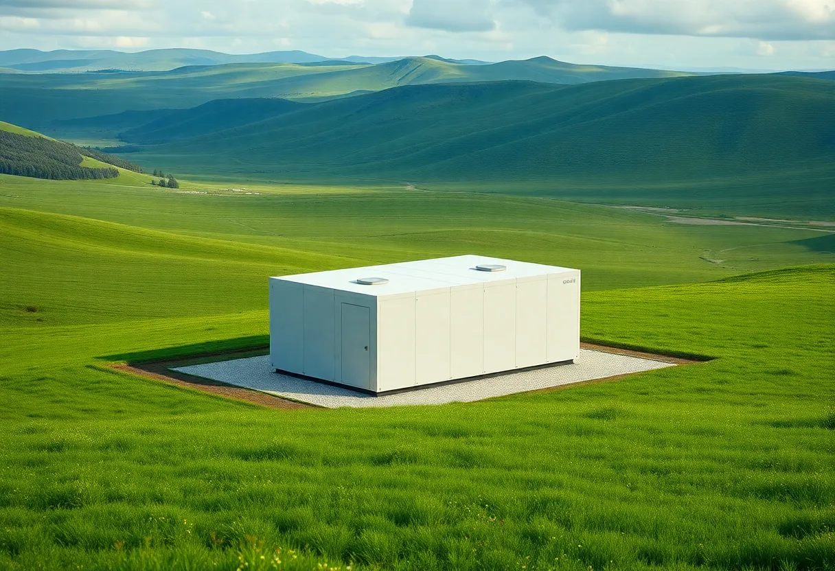 Illustration of a small modular nuclear reactor surrounded by greenery and technology.