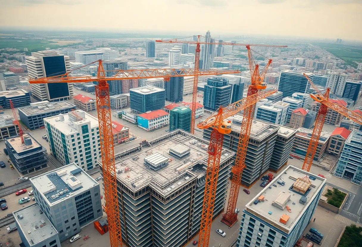 Construction site with cranes and buildings representing international collaboration.