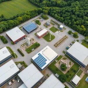 Aerial view of Orlando's eco-friendly industrial park with LEED-certified structures