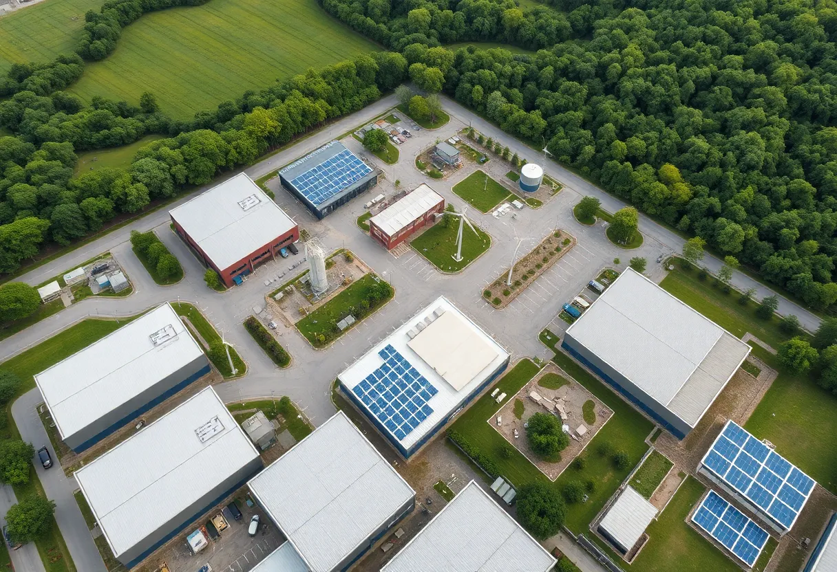 Aerial view of Orlando's eco-friendly industrial park with LEED-certified structures