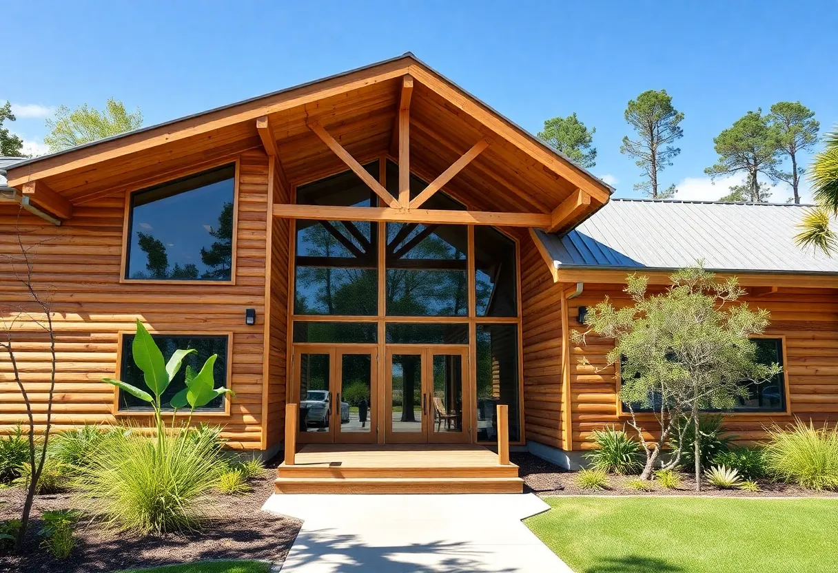Exterior view of the new wooden educational center in Orlando, Florida, highlighting sustainable design features.