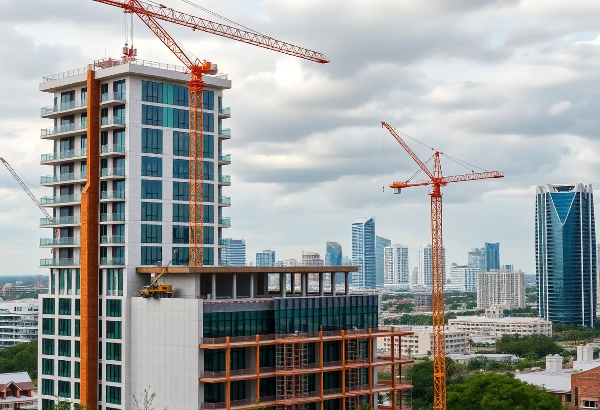 Construction of Pendry Tampa hotel showing cranes and workers