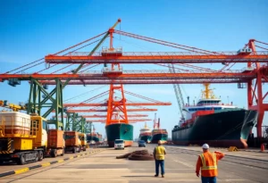 Construction at Pensacola port with cranes and cargo.