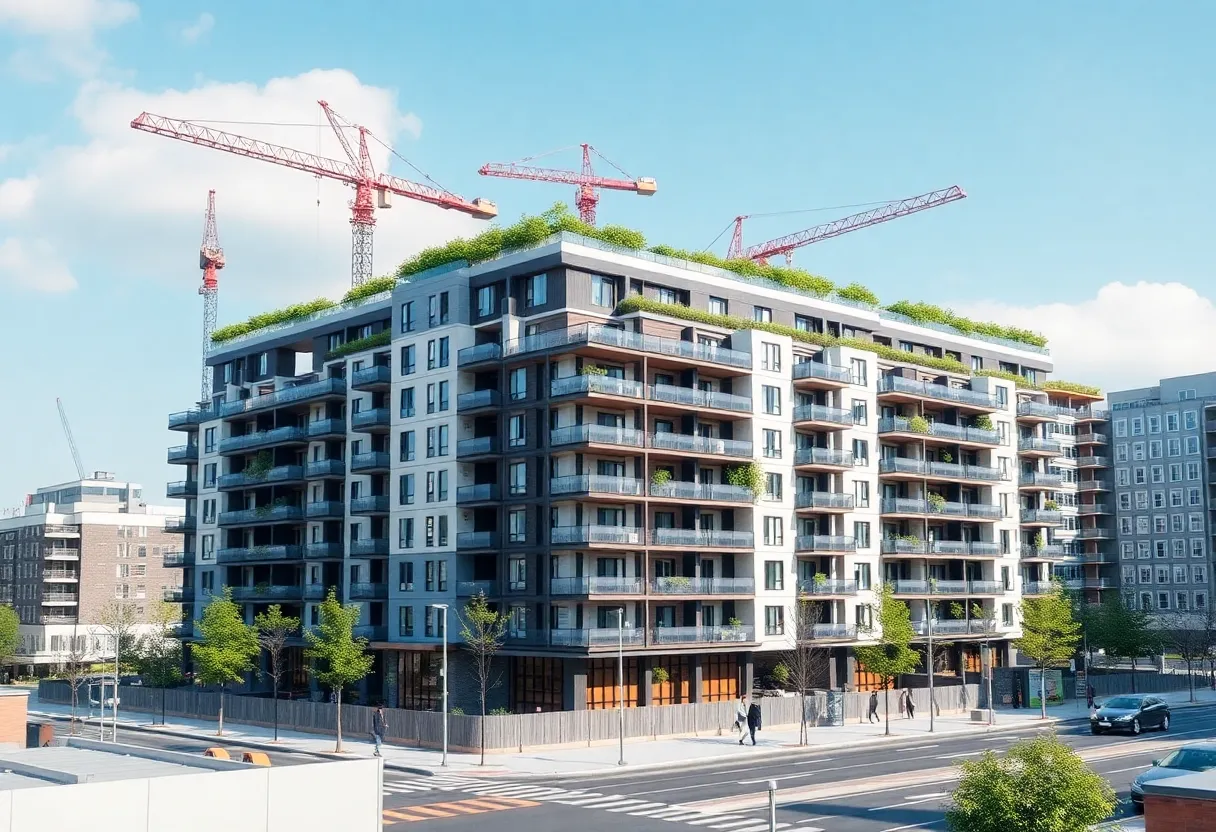 Construction site of the Phoenix Ridge multifamily complex in Charlotte, showcasing cranes and green roofs.
