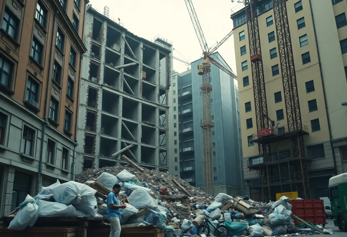 Demolition of Warehouse District in Raleigh showcasing construction equipment and recycled materials.