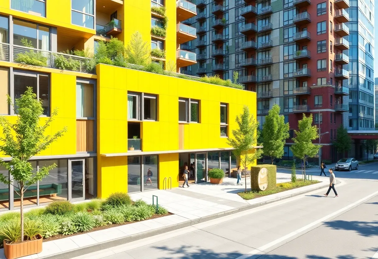 Urban development showcasing mixed-use buildings and green spaces.