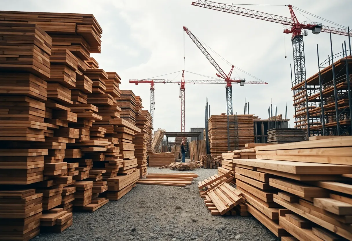 Construction site with stacked lumber illustrating rising prices.