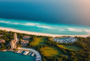 Aerial rendering of luxury resort on Rockwell Island with ocean-view residences, private docks and golf course