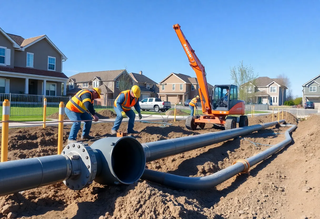 Construction workers installing water and sewer lines for Route 52 extension