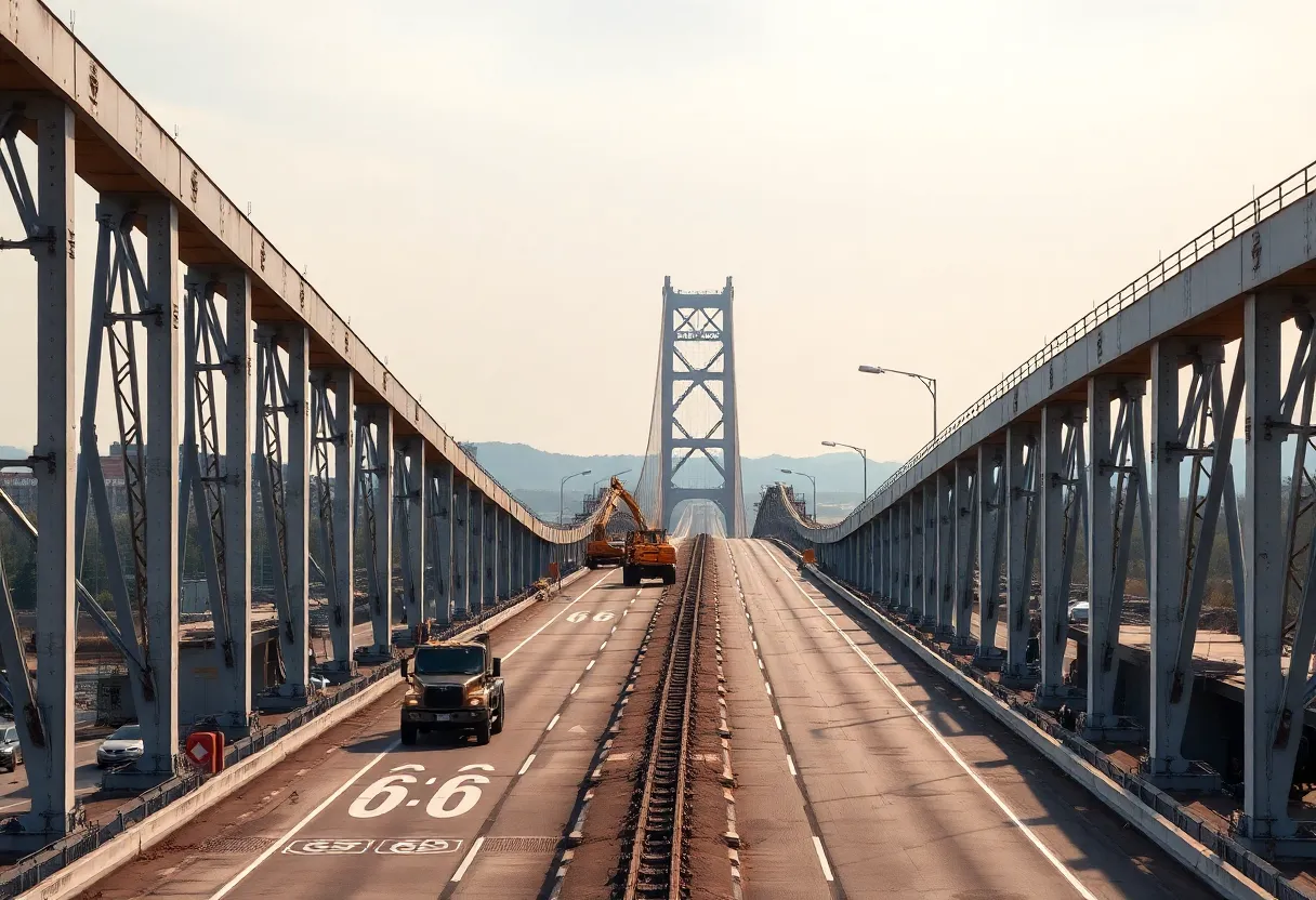 Construction work on Route 66 bridge with equipment and workers.