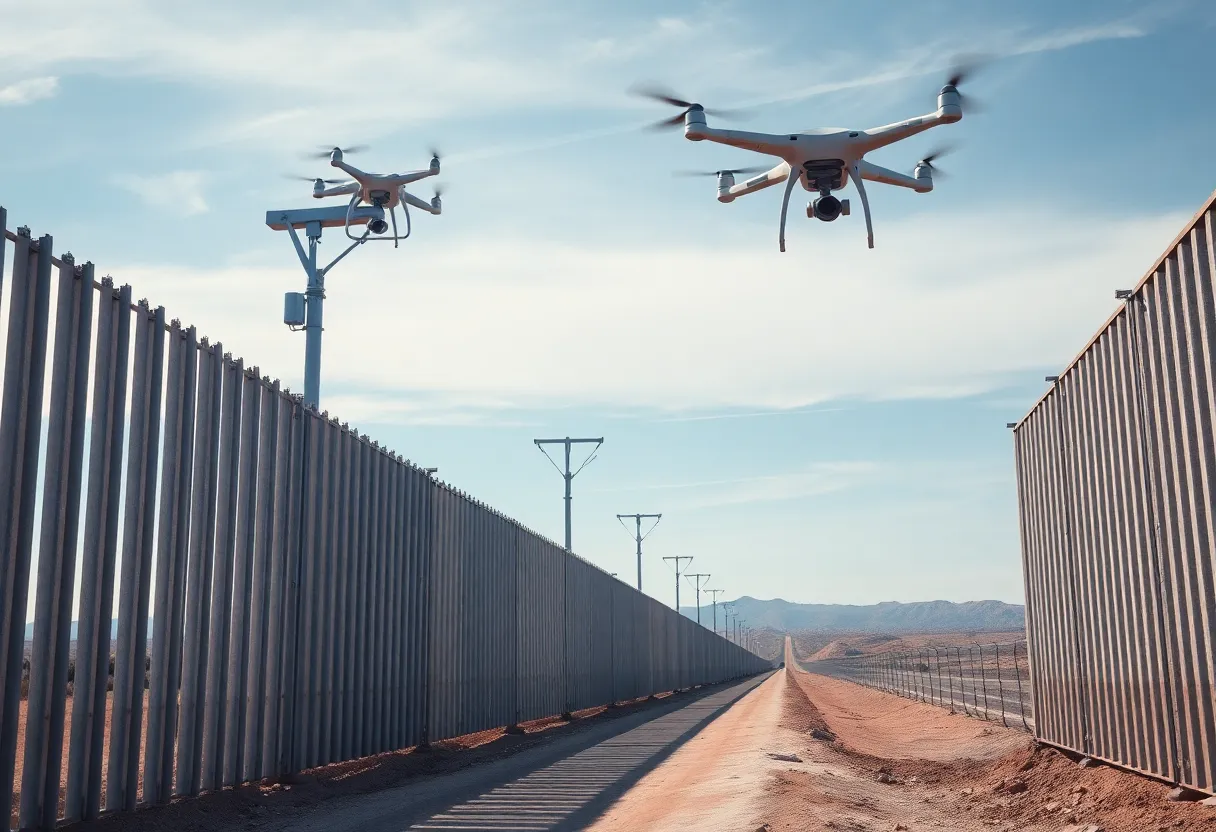 Construction of border fortification with drones and concrete barriers