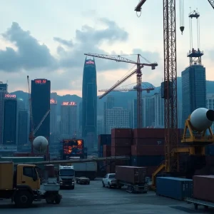 Construction equipment in front of Hong Kong skyline with stock market tickers, representing a dual listing and global expansion