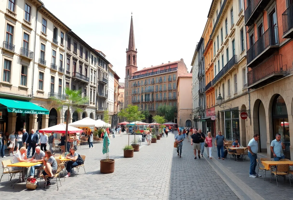 Revitalized downtown Savannah with cobblestone streets and pedestrian plazas