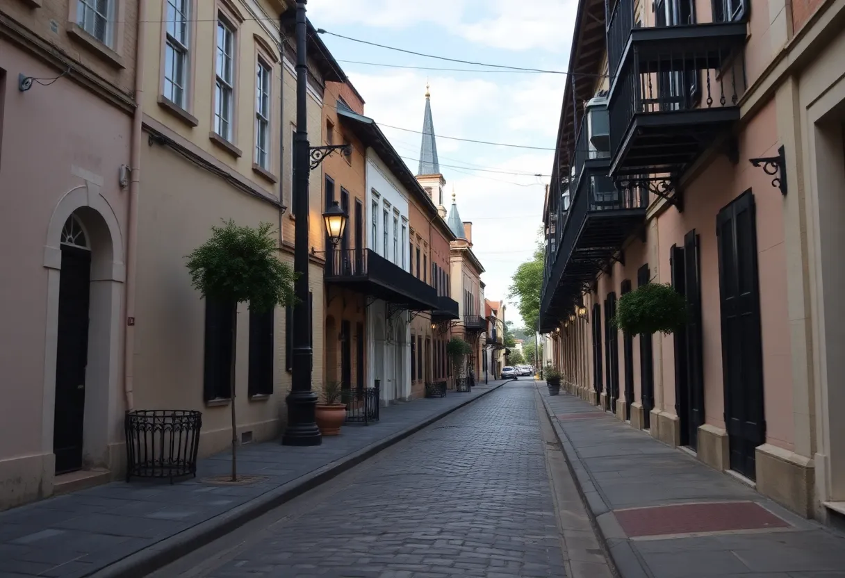 View of renovated Savannah historic district with cobblestone sidewalks