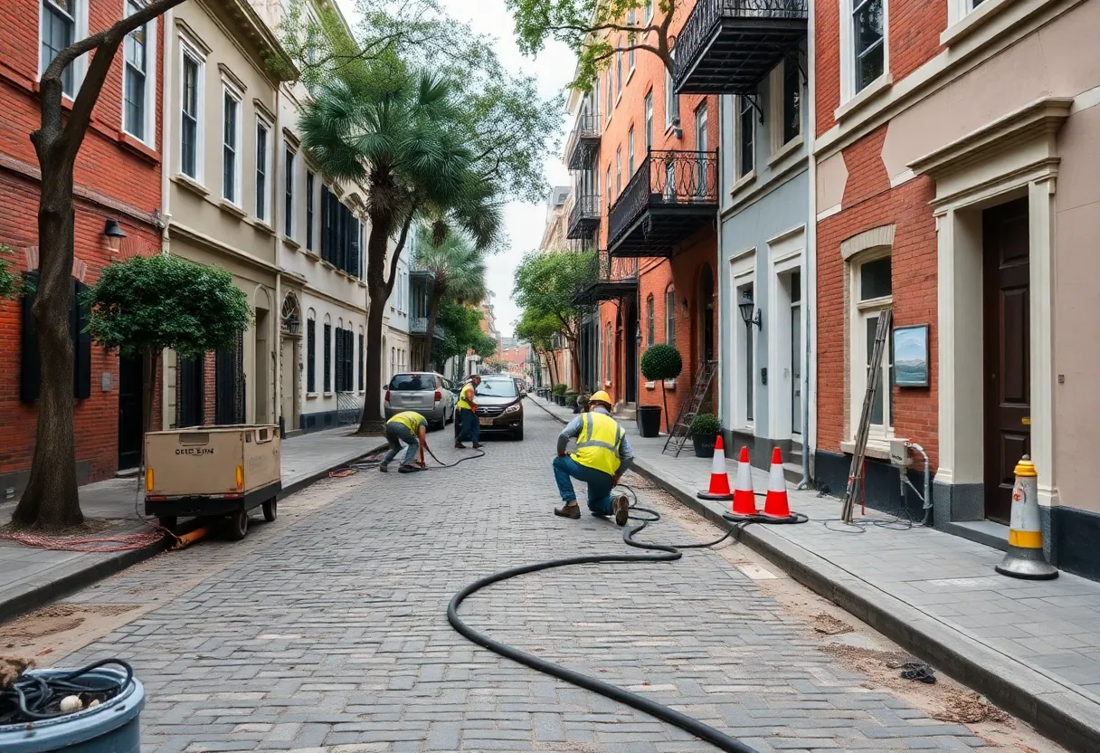 Workers repairing cobblestone streets in Savannah's historic district