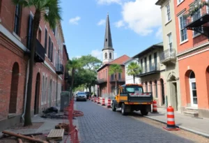 Workers repairing cobblestone paths in Savannah's historic district