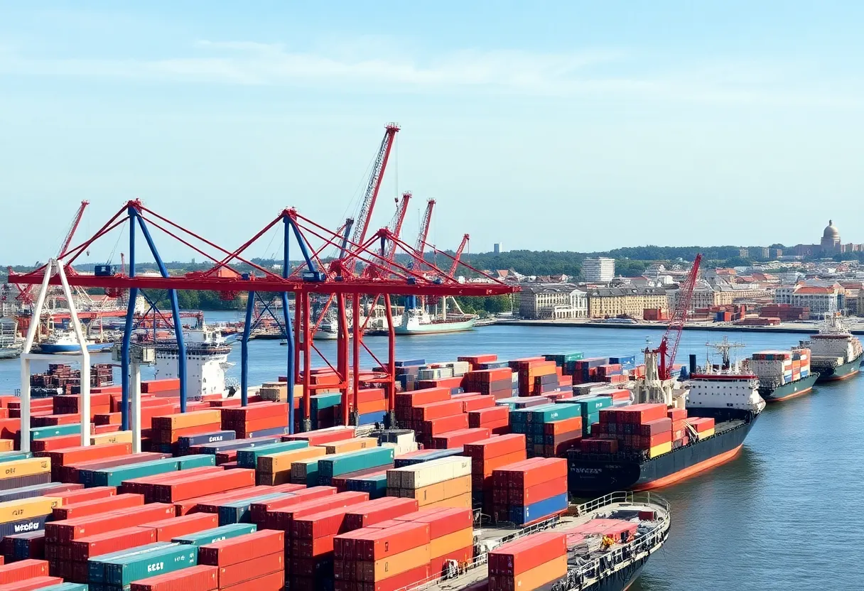 Savannah port expansion with shipping containers and cranes
