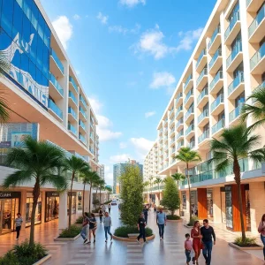 An artist's impression of a modern retail development in South Florida with luxury apartments.