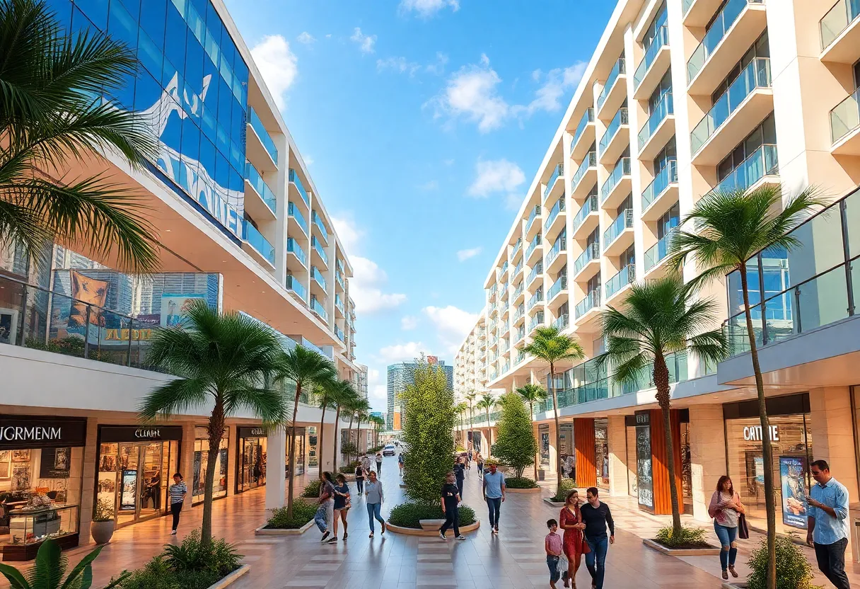 An artist's impression of a modern retail development in South Florida with luxury apartments.