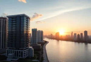 Rendering of SkyVista Towers, a luxury high-rise in Miami with modern design.