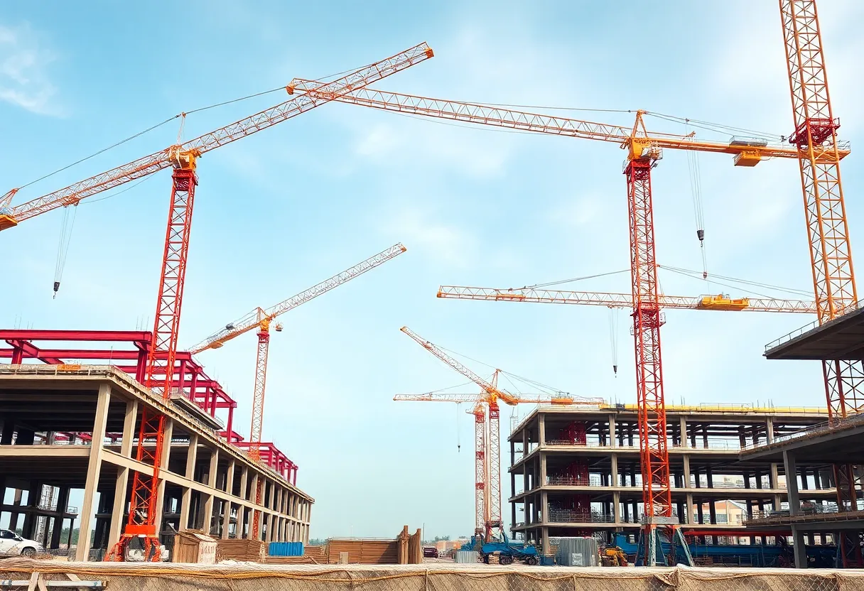 Construction site showcasing steel beams and cranes