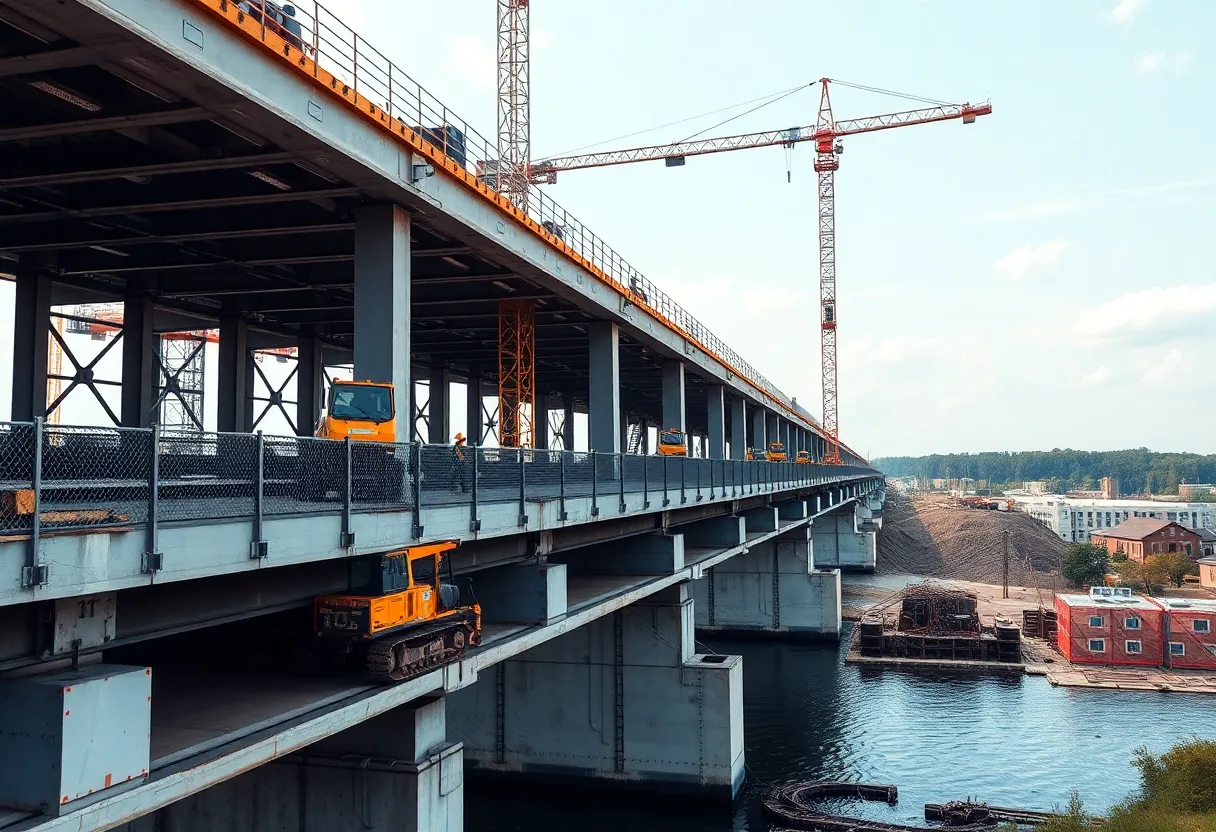 Workers constructing a southern international bridge