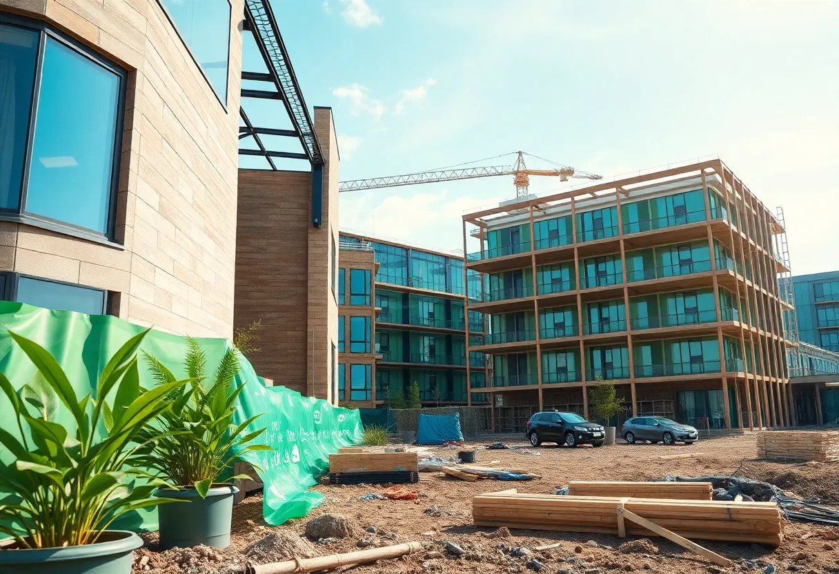 Construction site with eco-friendly materials and energy-efficient designs.