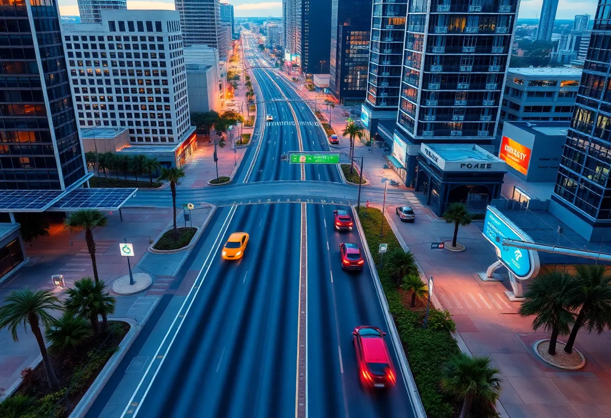 Futuristic urban design showcasing solar-powered streets and AI technology