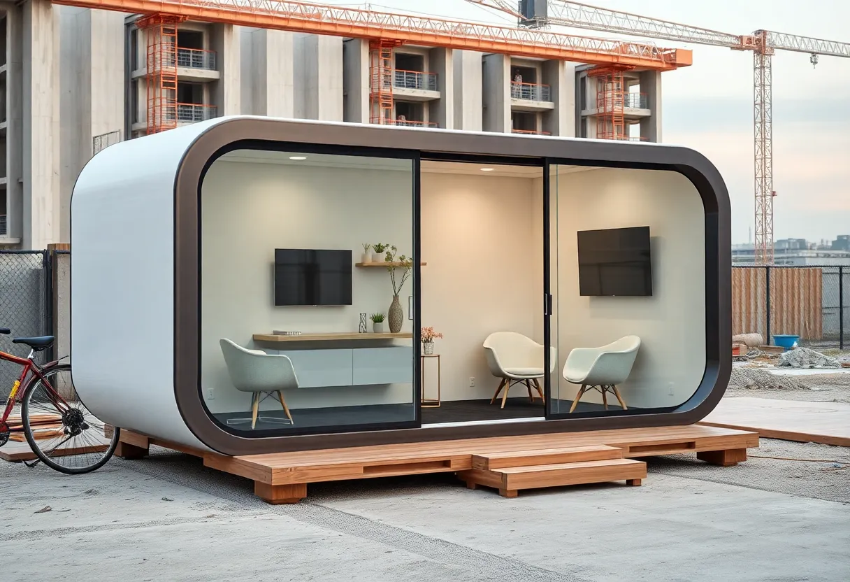 Therapy pod on a construction site designed for mental health support.