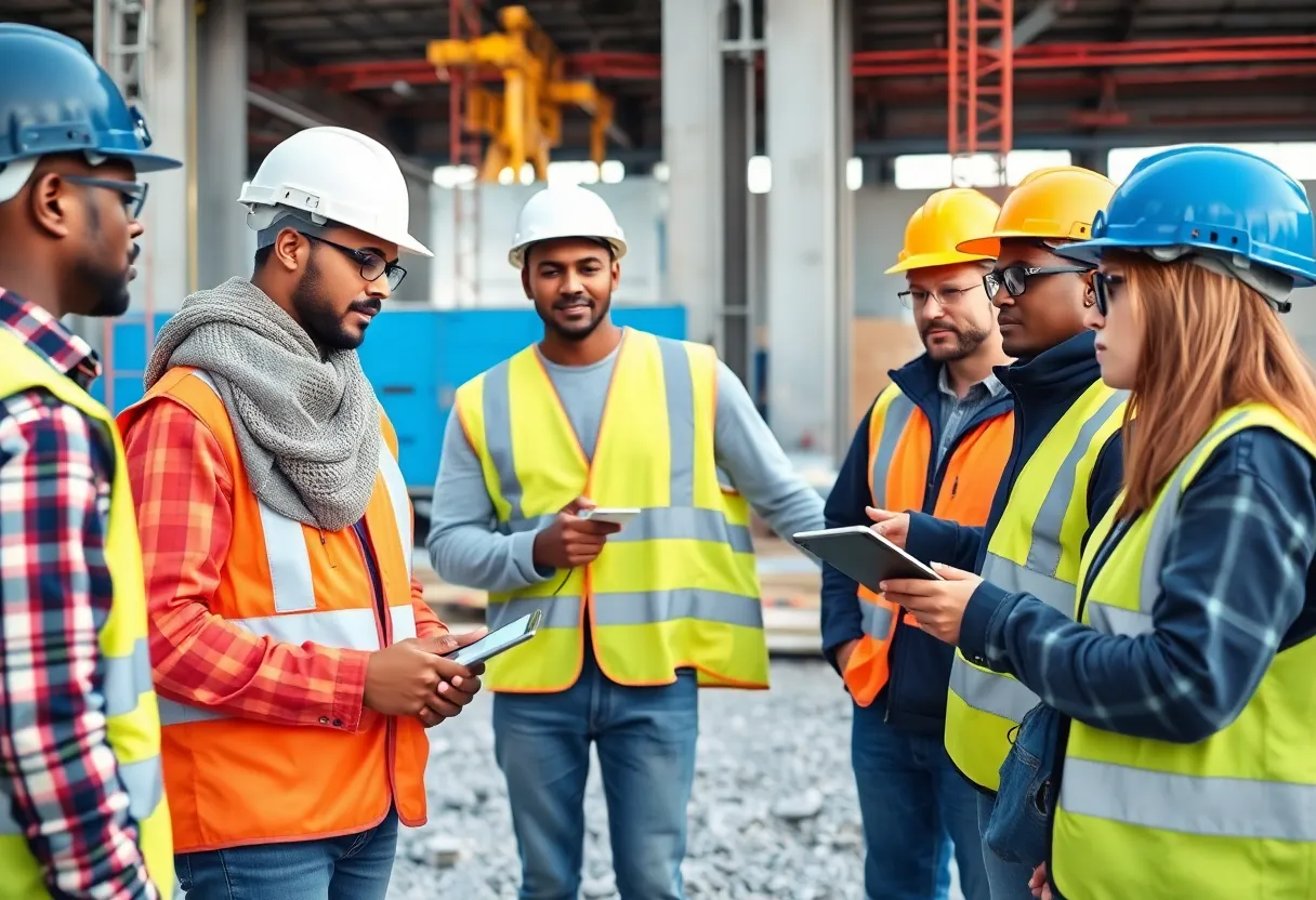 Diverse group of construction workers in training on a construction site