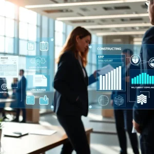 Office scene with transparent screens showing construction billing workflows and teams collaborating