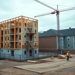 Construction site of affordable housing buildings and townhomes in St. Paul with crane and scaffolding