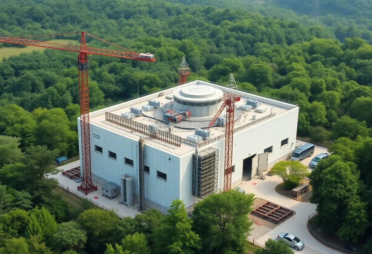 Construction site of a small nuclear plant with workers and cranes