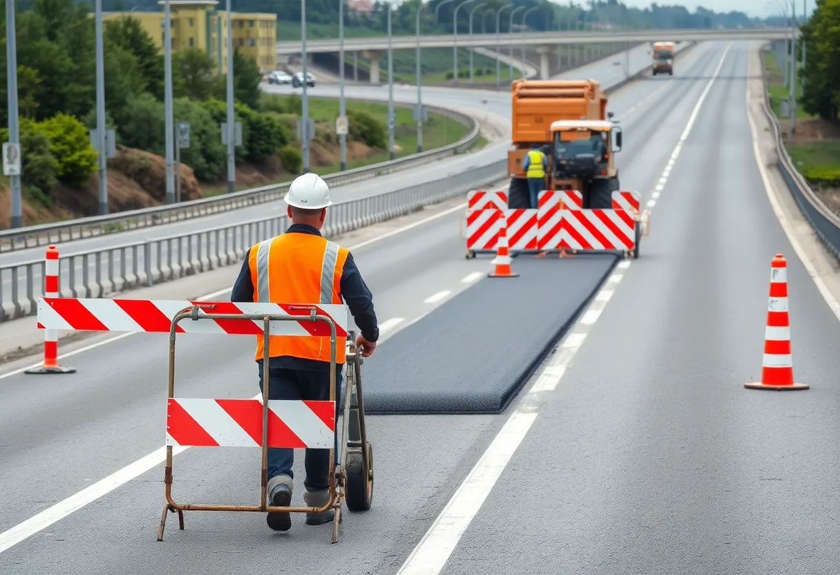 Construction workers and equipment on U.S. 23 during road resurfacing