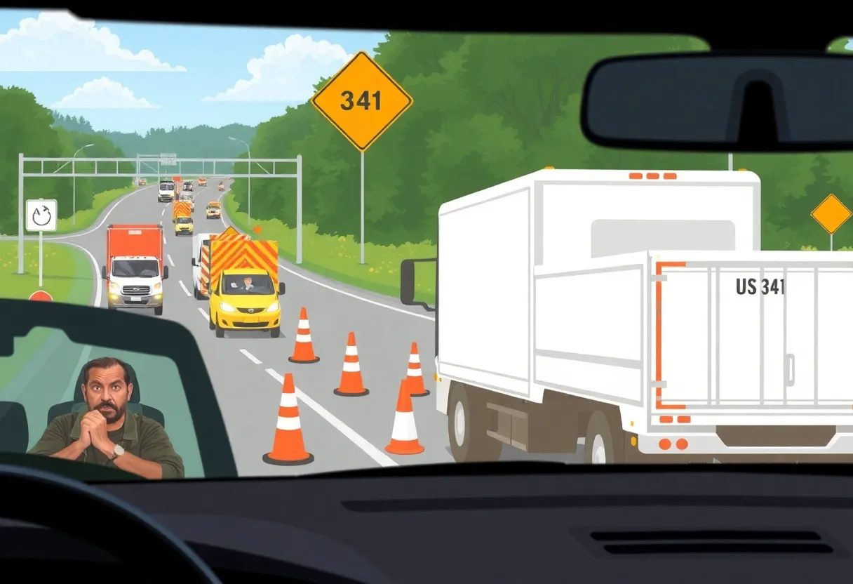 Road construction scene on U.S. 341 with traffic delays