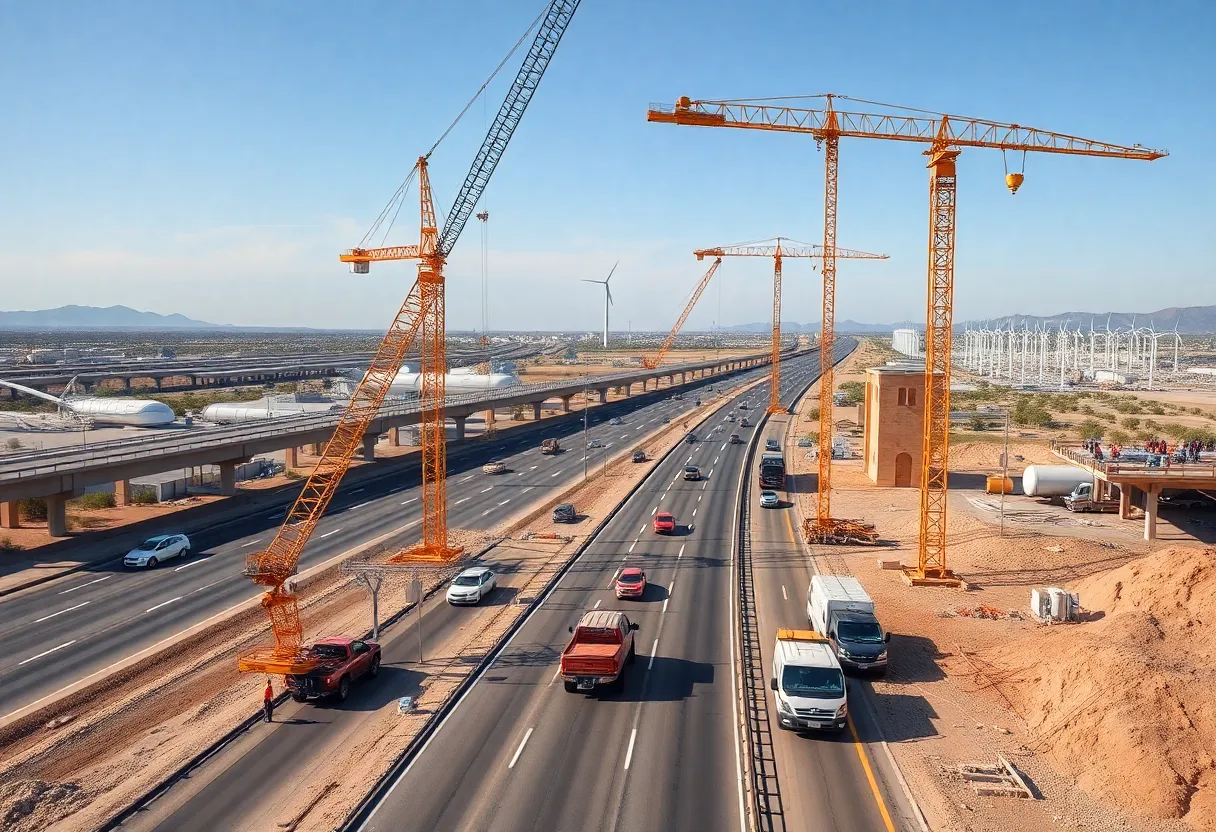 Construction activities in Texas and Arizona showing highway expansions and renewable energy projects.