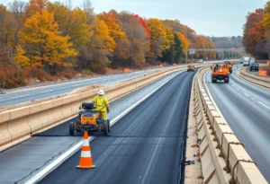 Construction workers laying asphalt for the US Highway 2 expansion in Eau Claire.