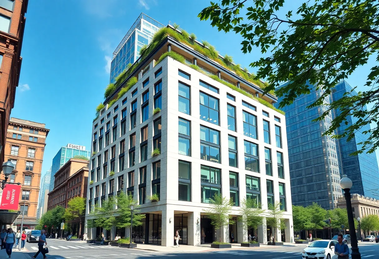 Modern urban office building with historical architecture