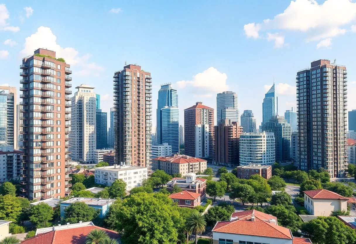 A bustling urban skyline showcasing hybrid office-residential buildings.