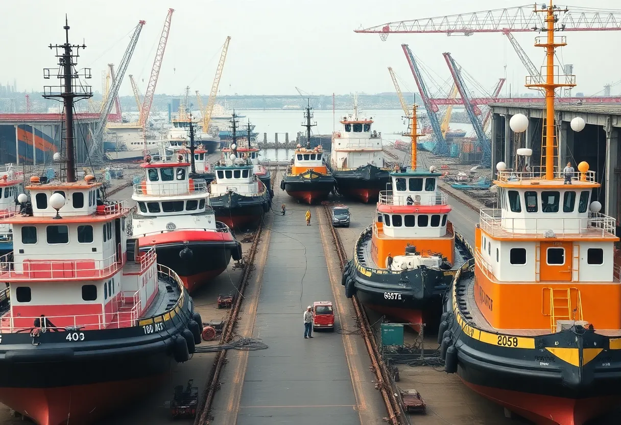 Busy U.S. shipyard with vessels under construction