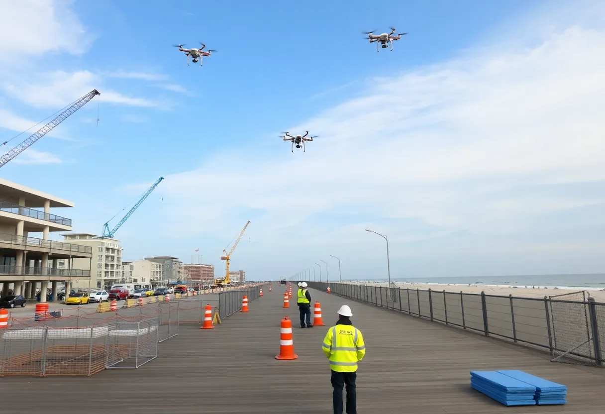 Construction of Virginia Beach Boardwalk with storm-resistant materials.