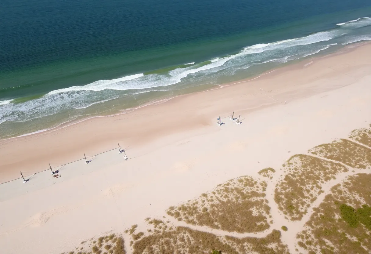 Construction site showing coastal defense upgrades in Virginia Beach with dunes and seawalls.
