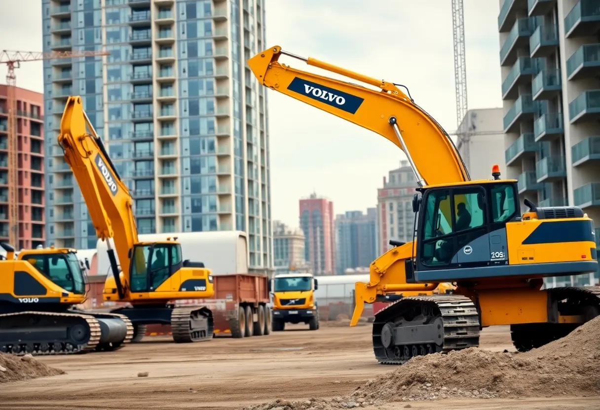Volvo excavators and loaders working at a construction site